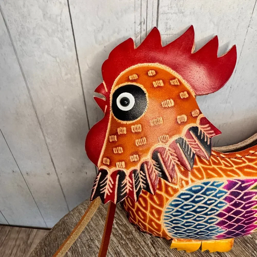 Genuine Leather Rooster Coin Purse Wristlet Chicken Hand Painted Leather